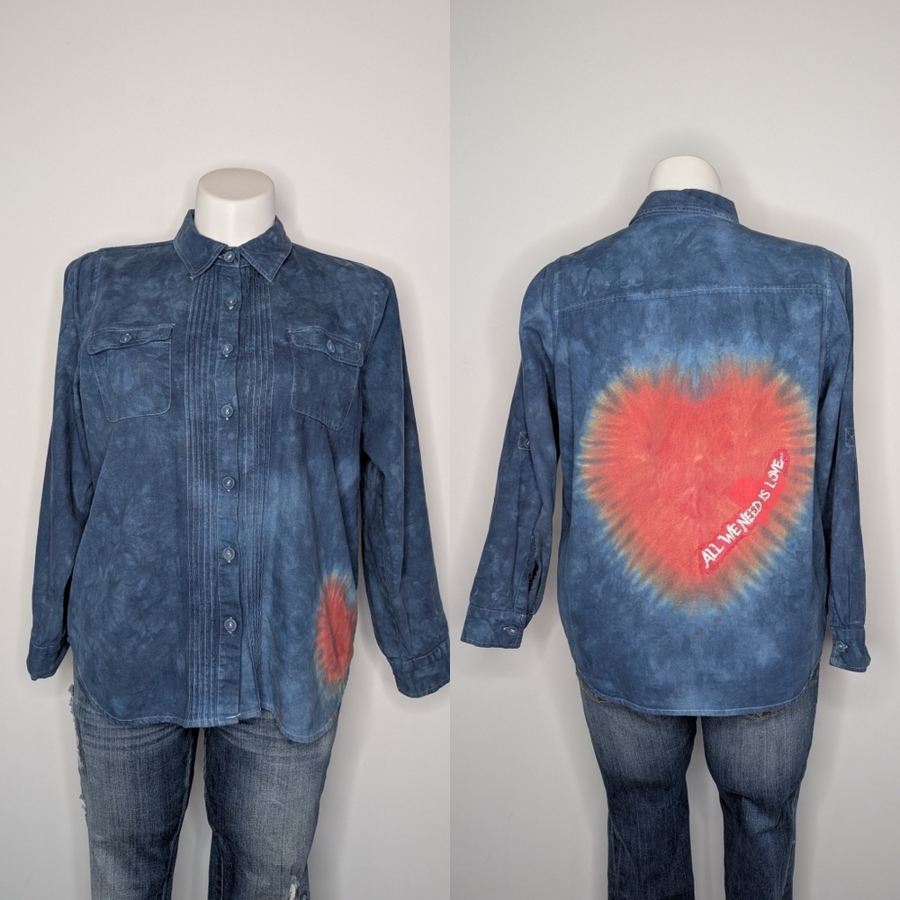 Vintage Studio Works Blue Red All You Need Is Love Linen Cotton Blend Button Up